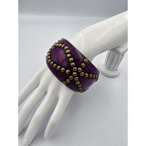 Wide Purple Studded Bangle Bracelet Gold Tone Fashion Jewelry Statement Cuff